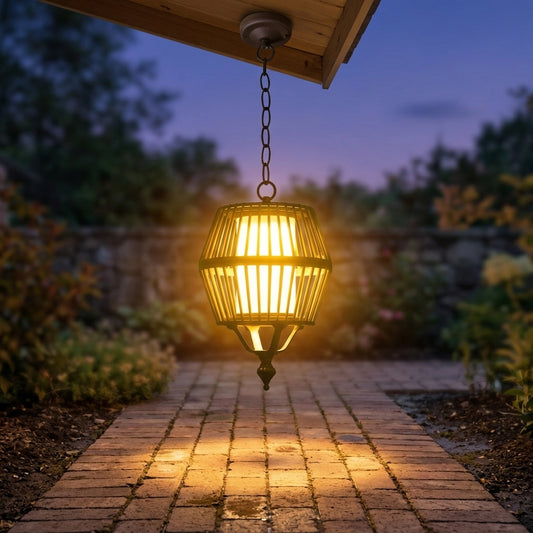 Ceiling Lantern Pendant Light - Black Aluminum Hanging Fixture with Solar or Hardwired Power and Warm, Cool or Colorful Glow for Patios
