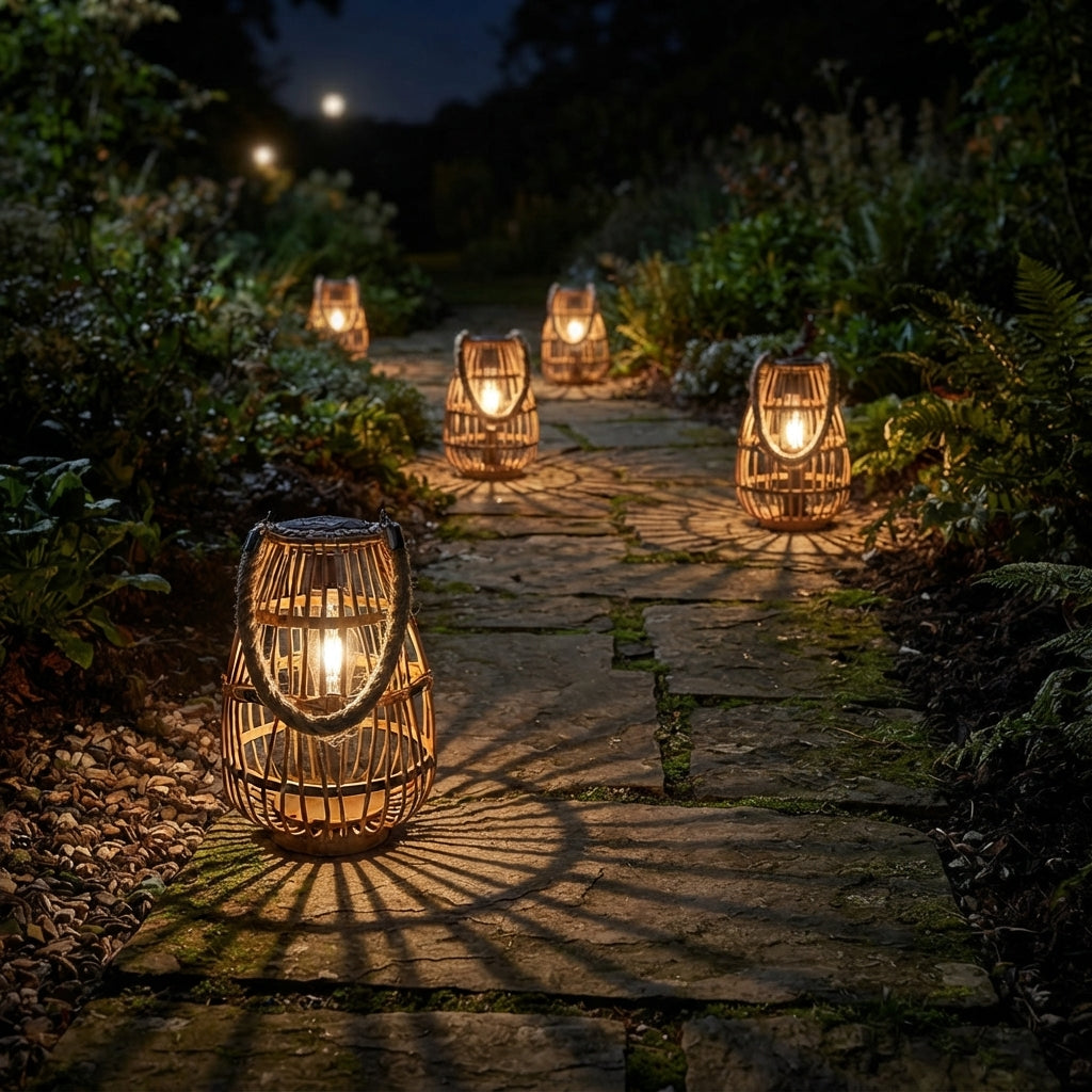 Rattan Solar Lantern - Handwoven Bamboo, Wood and Jute Rope Vintage Light with IP43 Weatherproofing for Patio, Garden Trees and Decking
