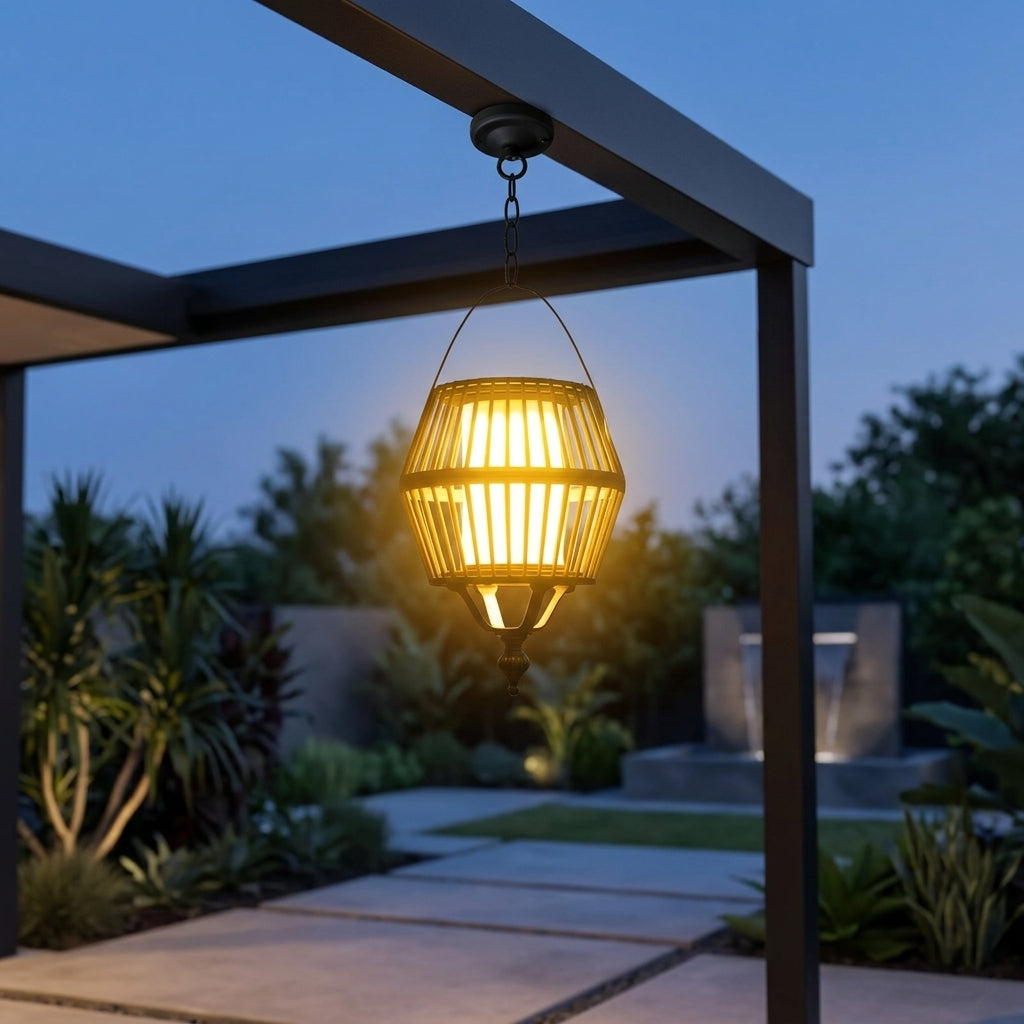 Ceiling Lantern Pendant Light - Black Aluminum Hanging Fixture with Solar or Hardwired Power and Warm, Cool or Colorful Glow for Patios