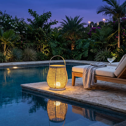 Woven Patio Floor Lamp - Metal and Waterproof Woven Outdoor Lantern in Black or Beige with 10W Hardwired, 5W USB or 3W Solar Power