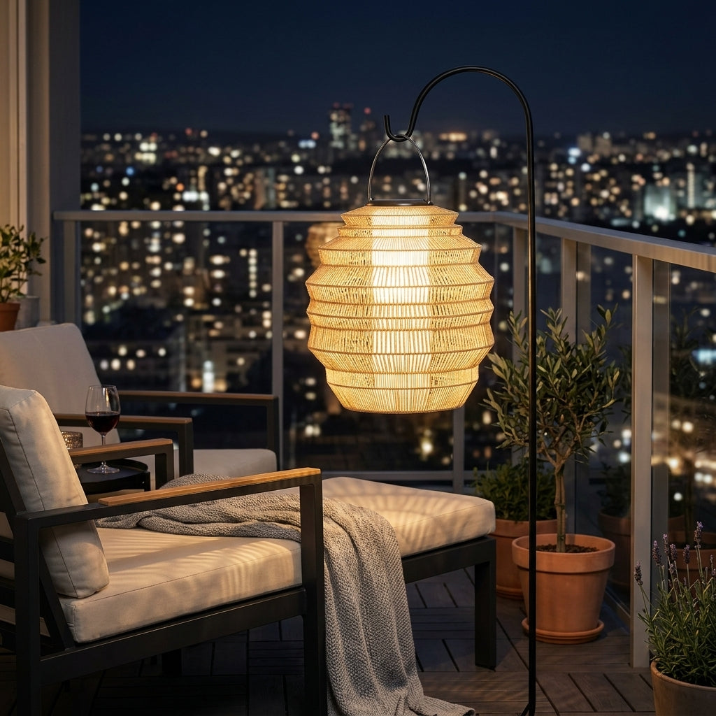 Rattan Outdoor Lantern - Stainless Steel and Handwoven Wicker Solar Light in Three Sizes for Gardens, Patios, Porches and Pathways