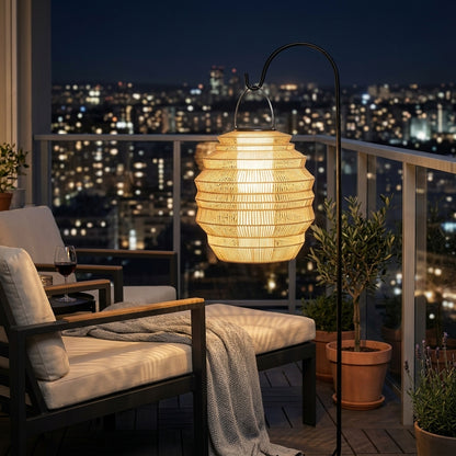 Rattan Outdoor Lantern - Stainless Steel and Handwoven Wicker Solar Light in Three Sizes for Gardens, Patios, Porches and Pathways