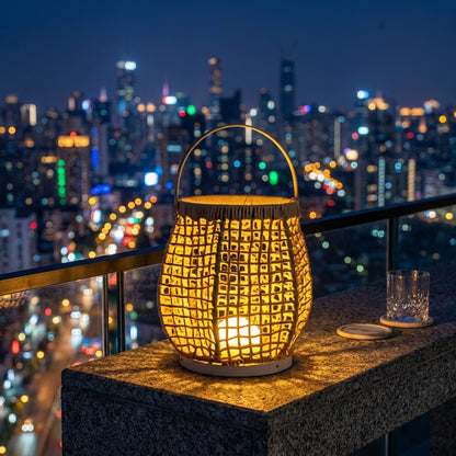 Woven Patio Floor Lamp - Metal and Waterproof Woven Outdoor Lantern in Black or Beige with 10W Hardwired, 5W USB or 3W Solar Power