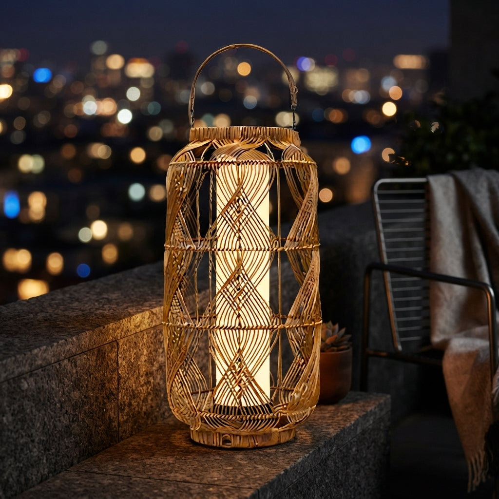 Rattan Solar Floor Lamp - 29 Inch PE Rattan and Iron Light with 80 Lumen 3000K LED and USB or Solar Charging for Garden, Patio and Balcony