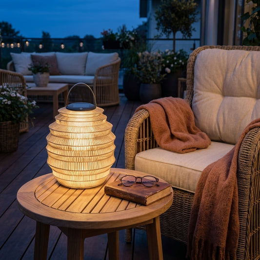 Rattan Outdoor Lantern - Stainless Steel and Handwoven Wicker Solar Light in Three Sizes for Gardens, Patios, Porches and Pathways