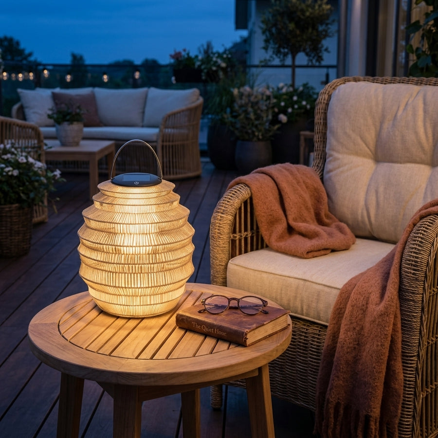 Rattan Outdoor Lantern - Stainless Steel and Handwoven Wicker Solar Light in Three Sizes for Gardens, Patios, Porches and Pathways