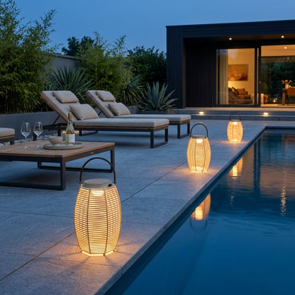 Woven Rattan Lantern - Portable Solar Light with Tempered Glass Panel and Carry Handle in 7 or 10 Inch Diameters for Garden and Patio