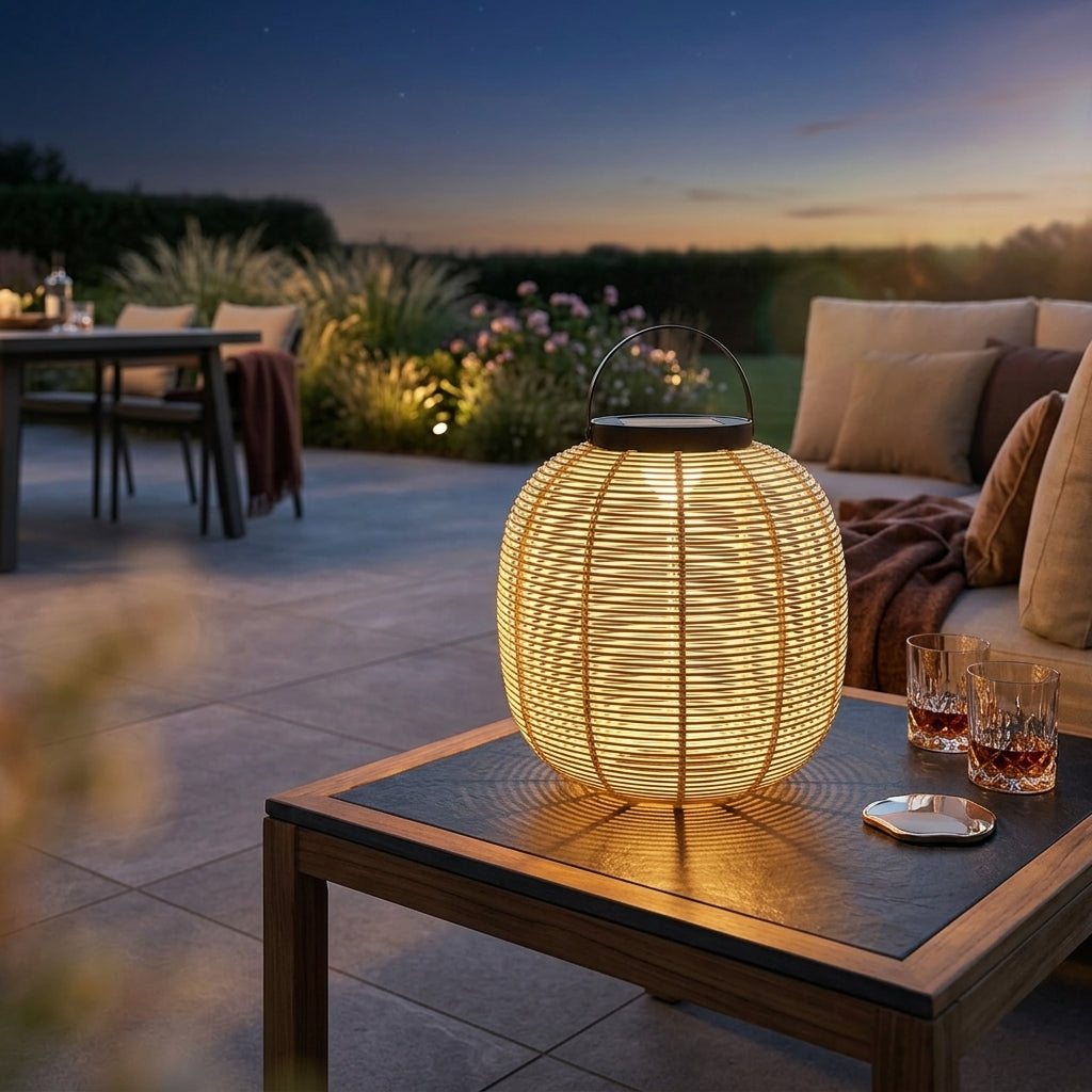 Outdoor Solar Lantern - Beige Iron and Imitation Wicker Light with 7W Warm White 3000K LED and IP65 Rating in Two Sizes for Courtyards
