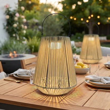 Rope Lantern - Handwoven PE Rattan Over Iron Solar Light with 180 Degree Handle, 3000K Warm White LED and IP65 Rating for Garden and Camping
