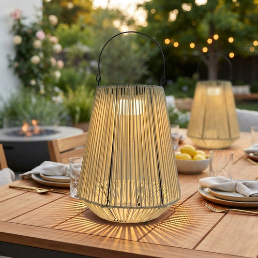 Rope Lantern - Handwoven PE Rattan Over Iron Solar Light with 180 Degree Handle, 3000K Warm White LED and IP65 Rating for Garden and Camping