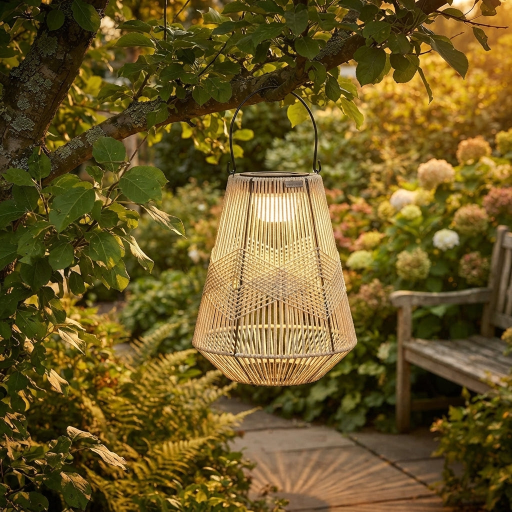 Rope Lantern - Handwoven PE Rattan Over Iron Solar Light with 180 Degree Handle, 3000K Warm White LED and IP65 Rating for Garden and Camping