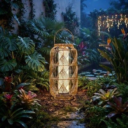 Rattan Solar Floor Lamp - 29 Inch PE Rattan and Iron Light with 80 Lumen 3000K LED and USB or Solar Charging for Garden, Patio and Balcony