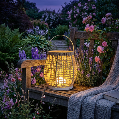 Woven Patio Floor Lamp - Metal and Waterproof Woven Outdoor Lantern in Black or Beige with 10W Hardwired, 5W USB or 3W Solar Power