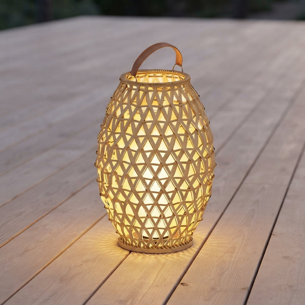 Rattan Lantern - Woven Wicker and Bamboo Hanging Light in Three Sizes from 5 by 14 to 18 by 33 Inches, Solar or Hardwired for Courtyards