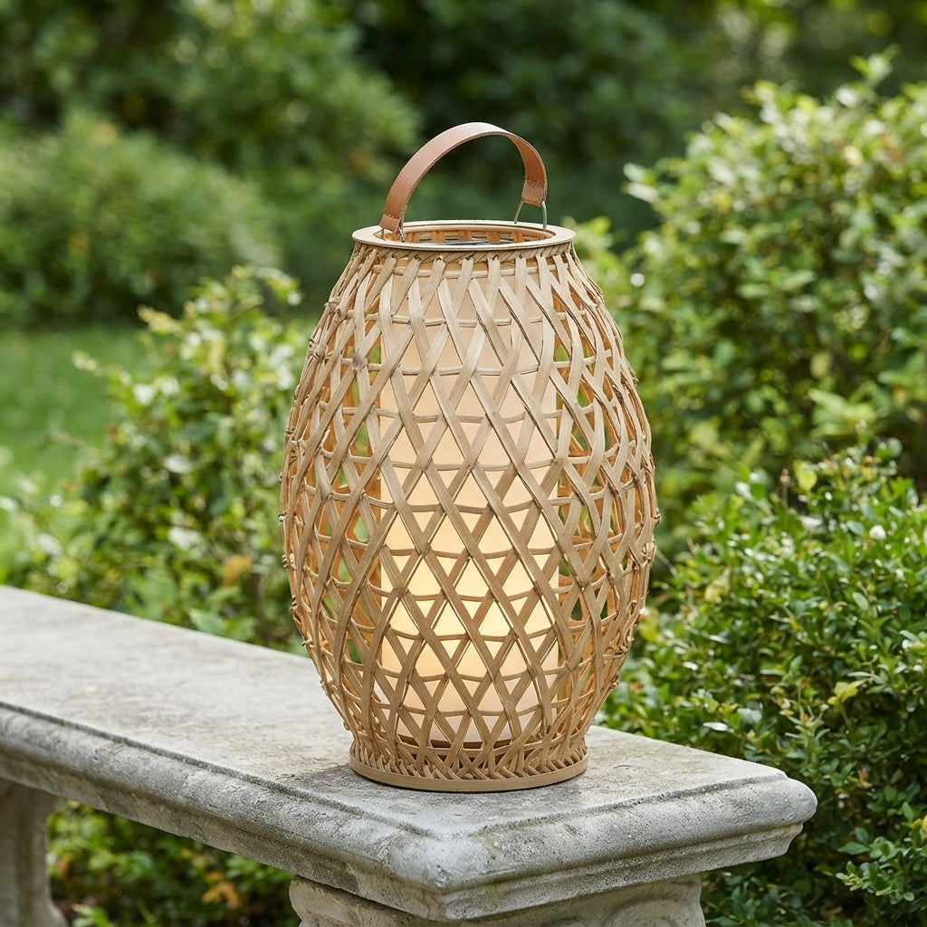 Rattan Lantern - Woven Wicker and Bamboo Hanging Light in Three Sizes from 5 by 14 to 18 by 33 Inches, Solar or Hardwired for Courtyards