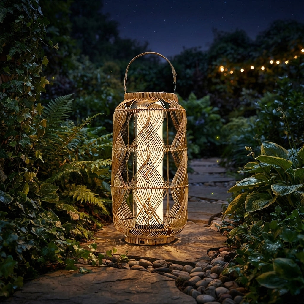 Rattan Solar Floor Lamp - 29 Inch PE Rattan and Iron Light with 80 Lumen 3000K LED and USB or Solar Charging for Garden, Patio and Balcony