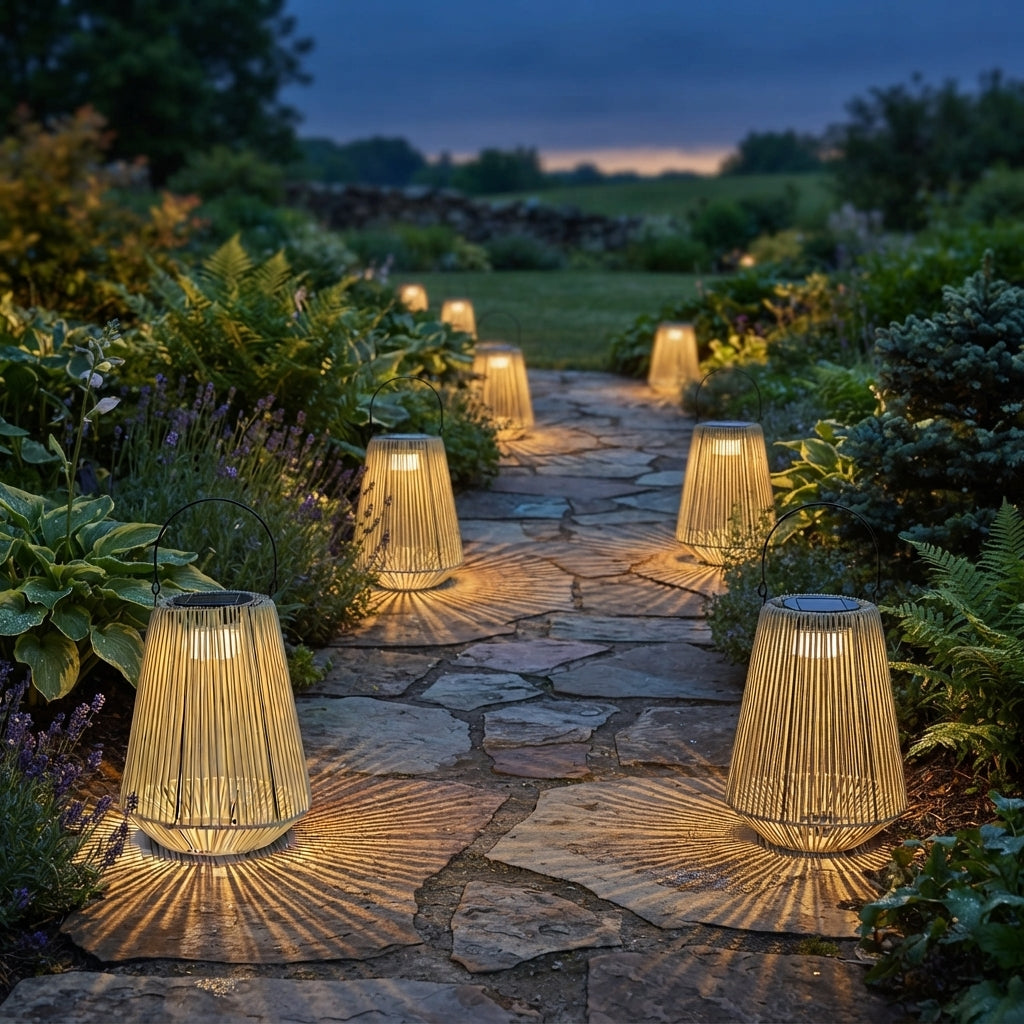Rope Lantern - Handwoven PE Rattan Over Iron Solar Light with 180 Degree Handle, 3000K Warm White LED and IP65 Rating for Garden and Camping