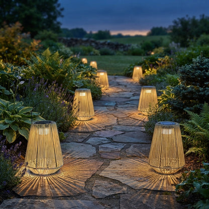 Rope Lantern - Handwoven PE Rattan Over Iron Solar Light with 180 Degree Handle, 3000K Warm White LED and IP65 Rating for Garden and Camping