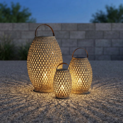 Rattan Lantern - Woven Wicker and Bamboo Hanging Light in Three Sizes from 5 by 14 to 18 by 33 Inches, Solar or Hardwired for Courtyards