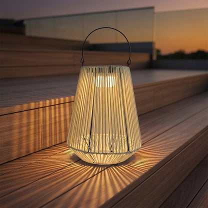 Rope Lantern - Handwoven PE Rattan Over Iron Solar Light with 180 Degree Handle, 3000K Warm White LED and IP65 Rating for Garden and Camping
