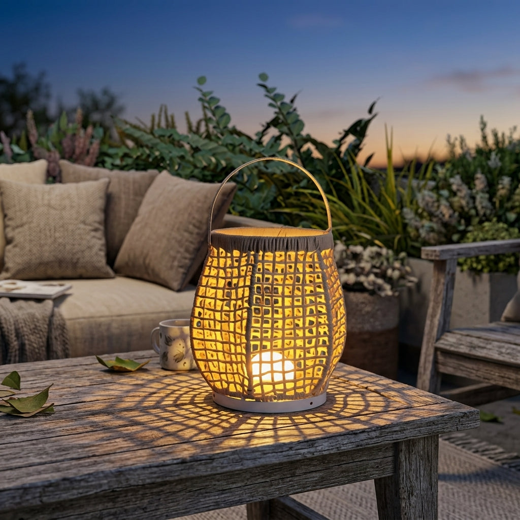 Woven Patio Floor Lamp - Metal and Waterproof Woven Outdoor Lantern in Black or Beige with 10W Hardwired, 5W USB or 3W Solar Power