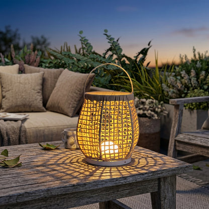 Woven Patio Floor Lamp - Metal and Waterproof Woven Outdoor Lantern in Black or Beige with 10W Hardwired, 5W USB or 3W Solar Power