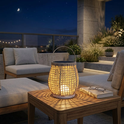 Woven Patio Floor Lamp - Metal and Waterproof Woven Outdoor Lantern in Black or Beige with 10W Hardwired, 5W USB or 3W Solar Power