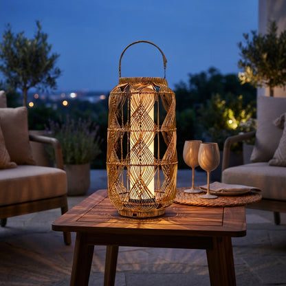 Rattan Solar Floor Lamp - 29 Inch PE Rattan and Iron Light with 80 Lumen 3000K LED and USB or Solar Charging for Garden, Patio and Balcony