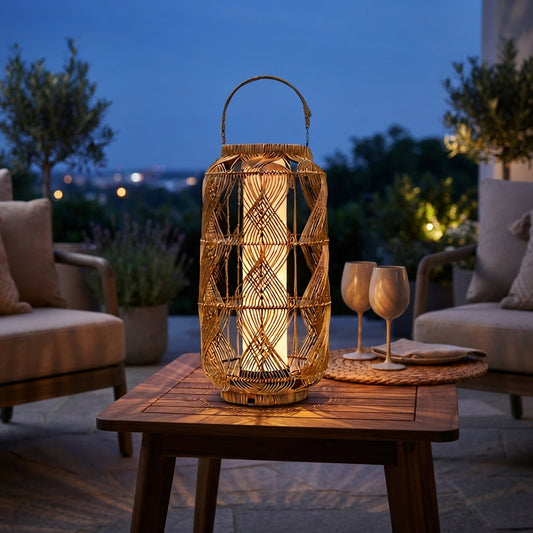 Rattan Solar Floor Lamp - 29 Inch PE Rattan and Iron Light with 80 Lumen 3000K LED and USB or Solar Charging for Garden, Patio and Balcony