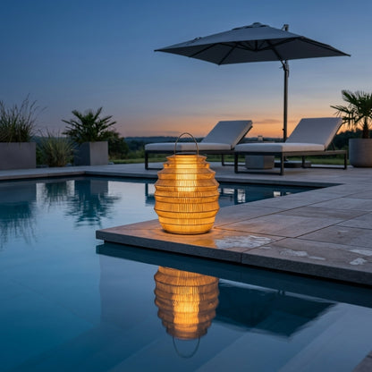 Rattan Outdoor Lantern - Stainless Steel and Handwoven Wicker Solar Light in Three Sizes for Gardens, Patios, Porches and Pathways