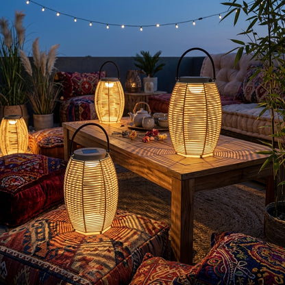 Woven Rattan Lantern - Portable Solar Light with Tempered Glass Panel and Carry Handle in 7 or 10 Inch Diameters for Garden and Patio