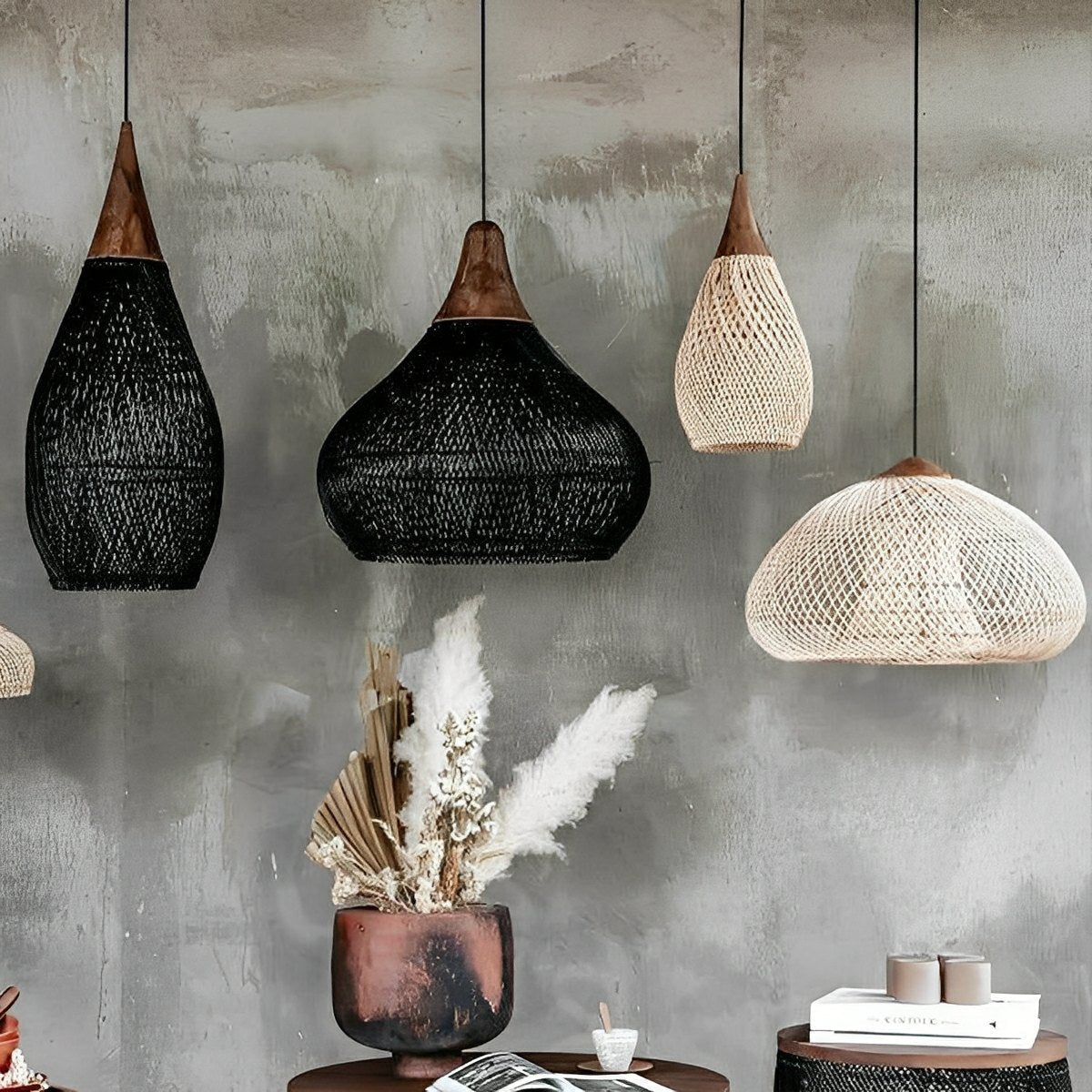 Bowl-shaped Handmade Rattan Pendant Light – Boho Woven Hanging Lamp