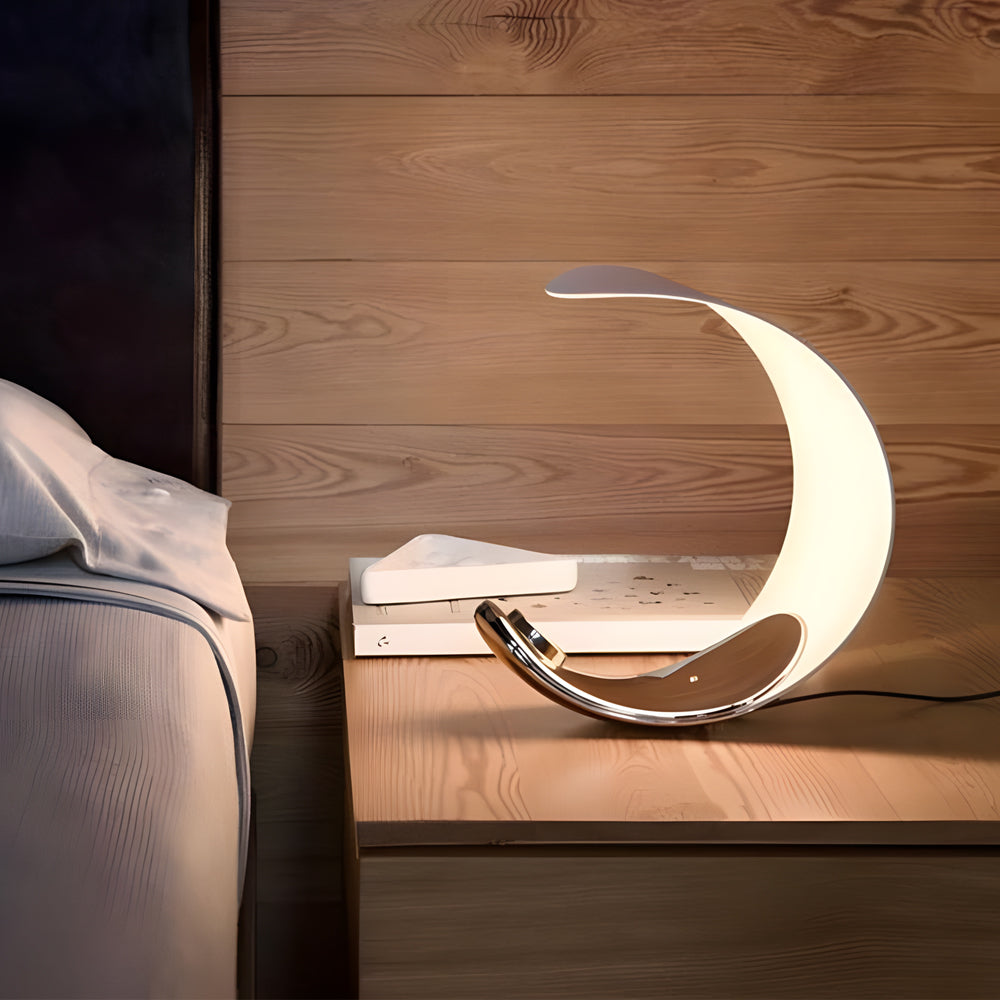 Curved Silver End Table Lamp Polished Chrome LED Light