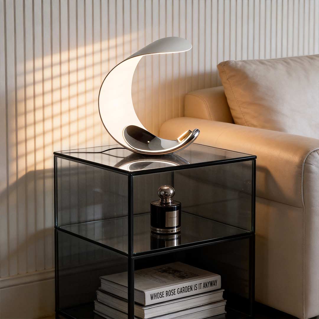 Curved Silver End Table Lamp Polished Chrome LED Light