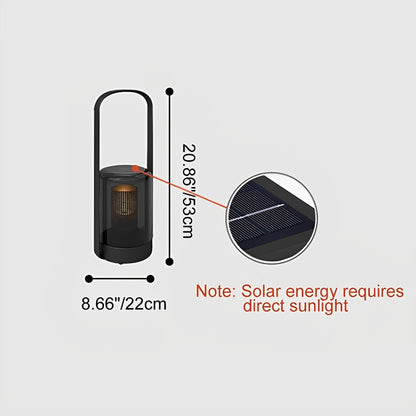 Cylinder Solar Lantern - Black Stainless Steel and Glass Tube Light with Warm Solar Glow for Bedroom, Courtyard and Patio Tabletops