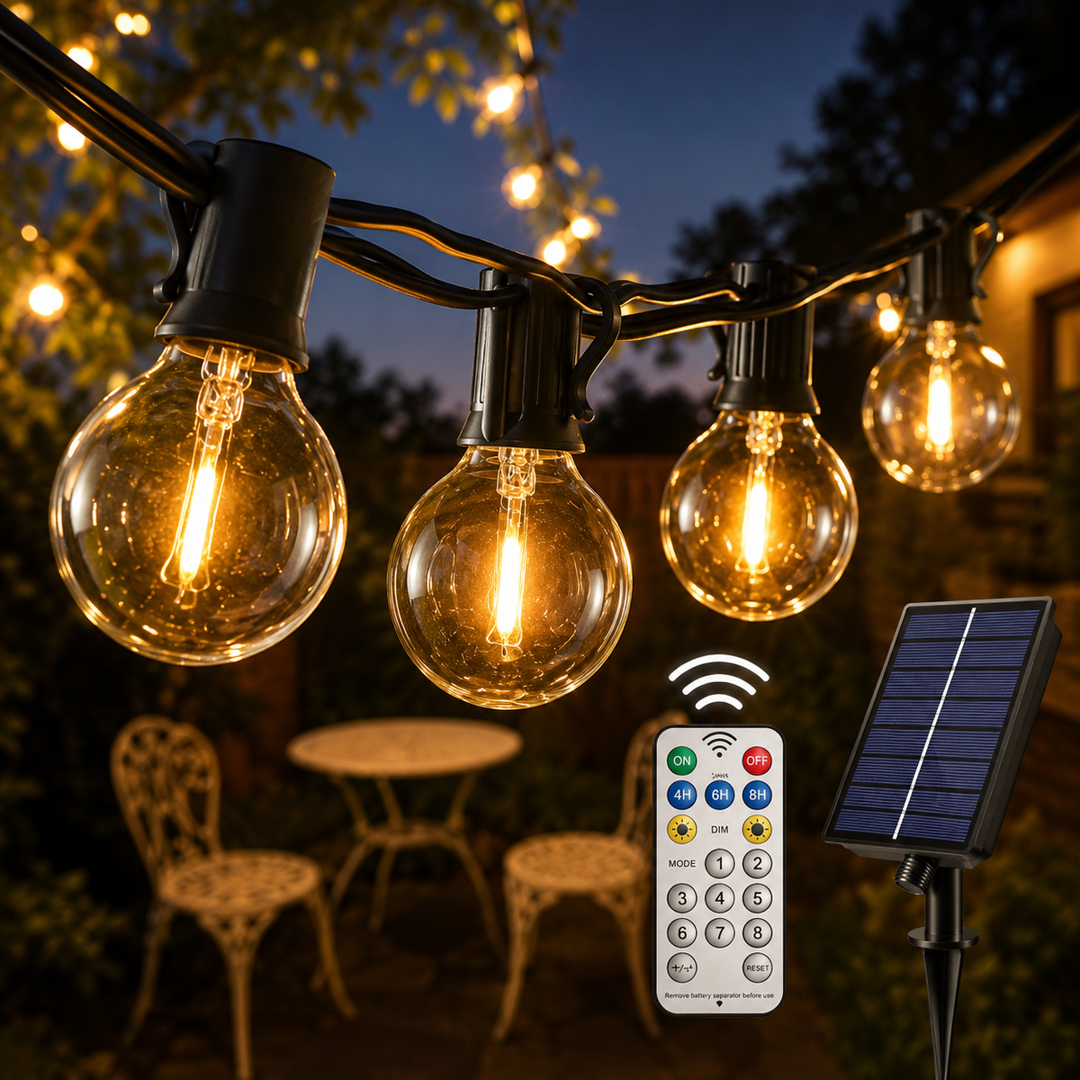 Solar Globe String Lights - Weatherproof LED Bulb Strands from 7 m with 11 Bulbs to 30 m with 50 Bulbs for Courtyard, Patio and Gatherings