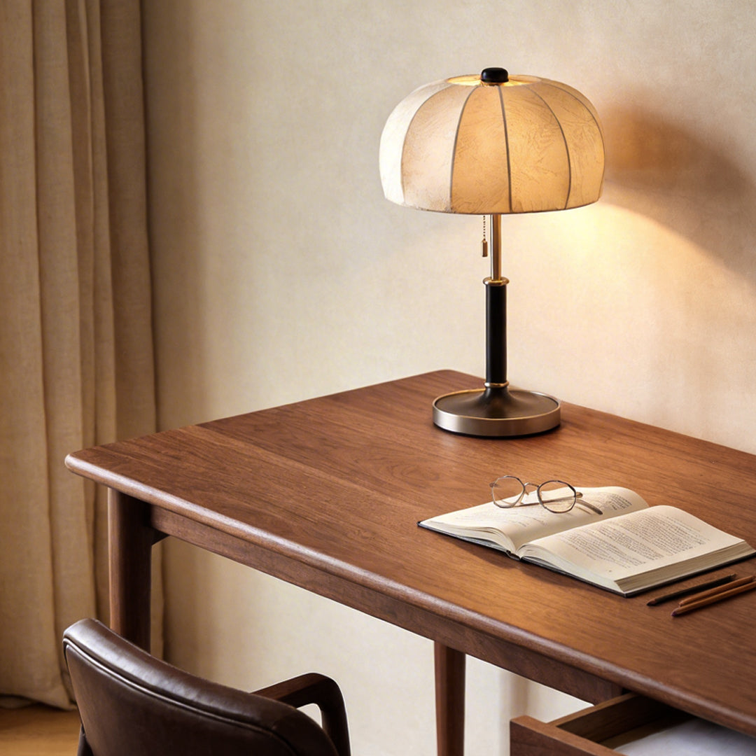 Fabric Table Lamp Vintage Brass Dome Pull Chain Light