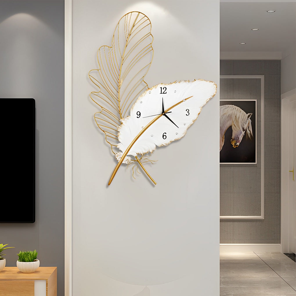 Feather Wall Clock Resin Silent Movement and LED Light Art Decor Light
