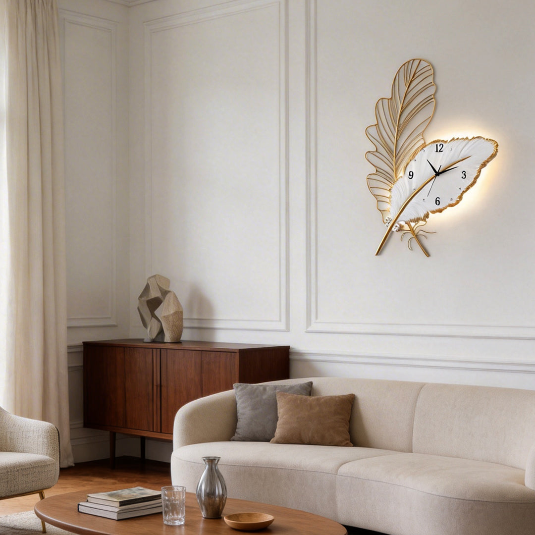 Feather Wall Clock Resin Silent Movement and LED Light Art Decor Light