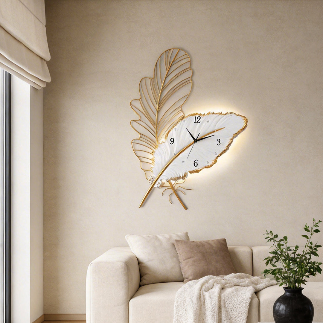 Feather Wall Clock Resin Silent Movement and LED Light Art Decor Light