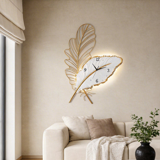 Feather Wall Clock Resin Silent Movement and LED Light Art Decor Light