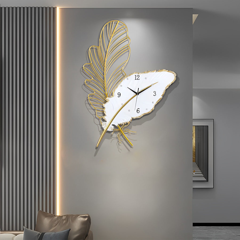 Feather Wall Clock Resin Silent Movement and LED Light Art Decor Light