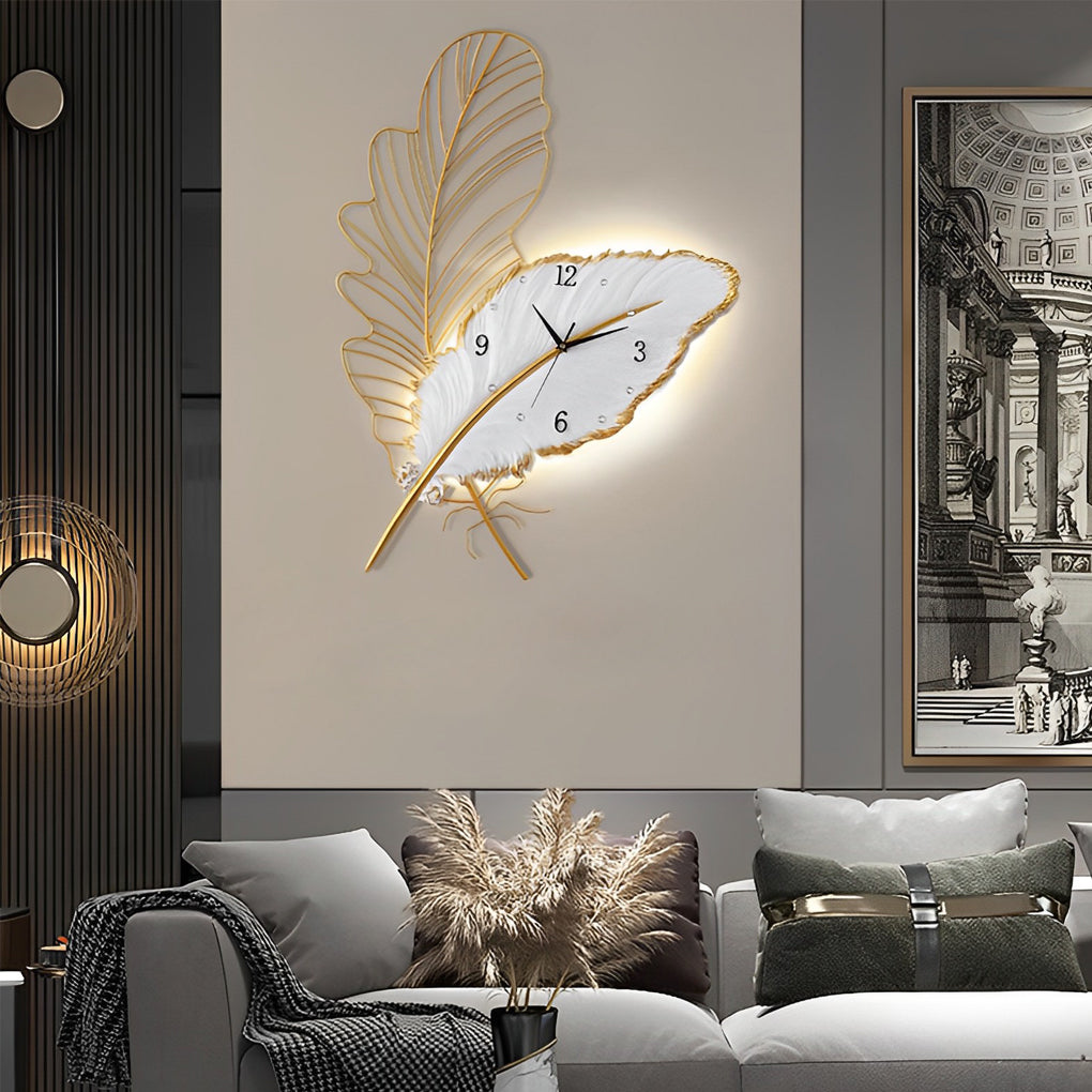 Feather Wall Clock Resin Silent Movement and LED Light Art Decor Light