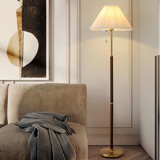 Floor Wood Lamp Pleated Fabric Shade Standing Lamp