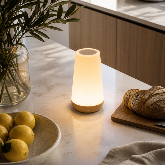 13 Colour RGB Rechargeable Night Light Lamp - Wood Tone or White ABS Unit with Five Brightness Levels, Remote and Settable Auto Shutdown