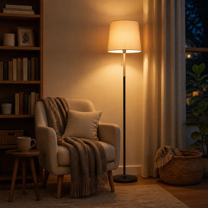 Linen Floor Lamp - Contemporary Fabric Shade Standing Light in Black, Grey or Creamy White with Warm LED Glow for Sofa and Bedroom