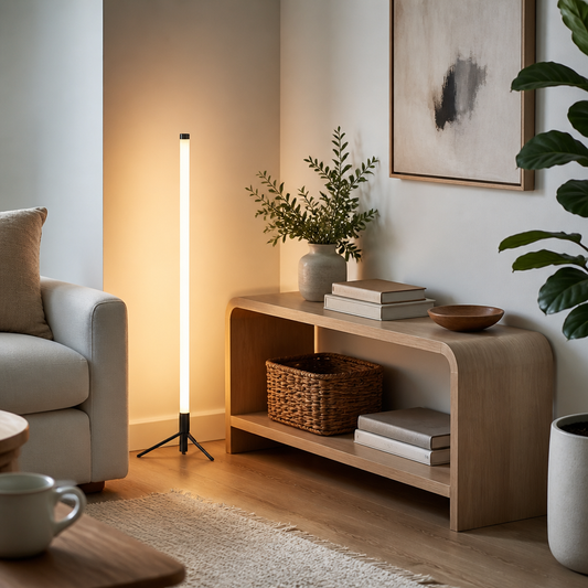 Music Sync RGB Floor Lamp - Dimmable Smart Corner or Desktop Light with App and Remote Scene Control for Sofa, Reading Nook and Bedroom