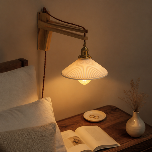 Japanese Vintage Wall Lamp - Wabi-Sabi Walnut Sconce in Four Shade Types with Warm, Cool or Tricolour LED Bulb Included