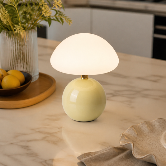 Ceramic Mushroom Table Lamp - Nordic Cream Style Dome in Glass or Moulded PP, with 6W G9 Bulb Included, for Bedside and Sideboard Lighting