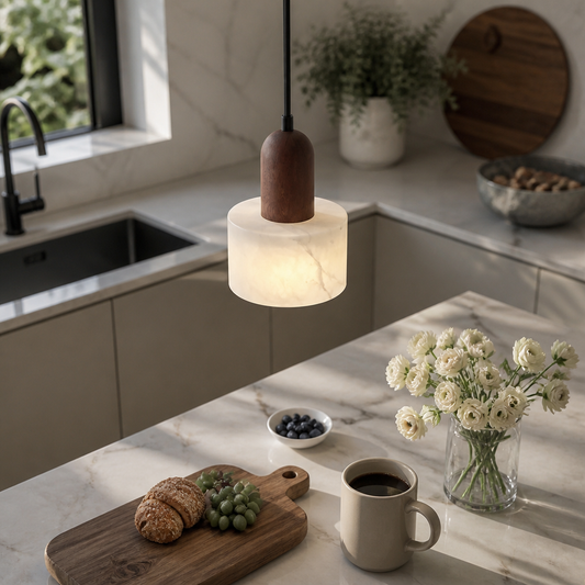 Luxury Wabi-Sabi Pendant Lamp - Marble, Jade and Stone Light in Walnut or Log Wood with 3000K to 6000K Options for Dining and Kitchen Island